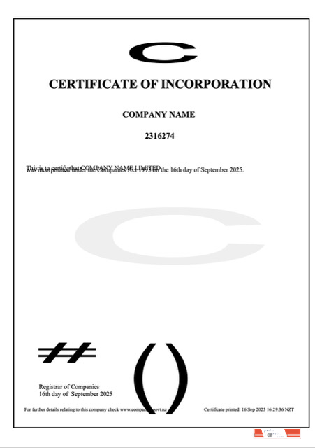 New Zealand certificate of incorporation Word and PDF template, version 2